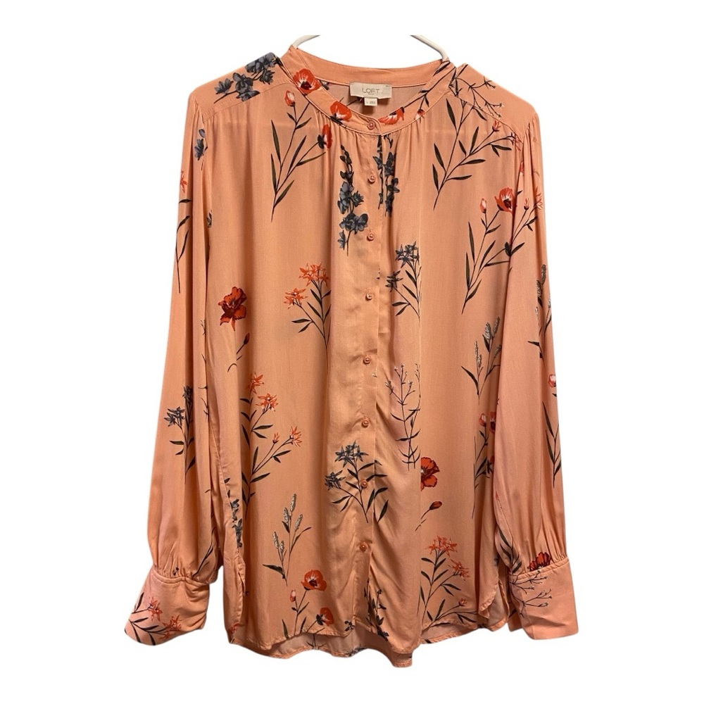 LOFT Long Sleeve Button up Blouse Peach Floral Rayon Women’s Size L